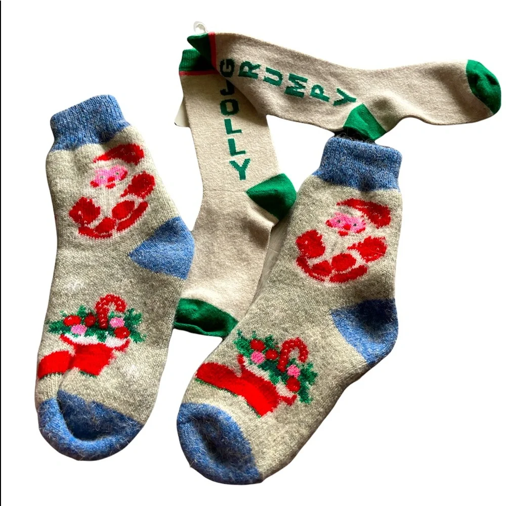 Christmas Socks 2 Pair Vintage Santa Clause Wool Crew Jolly Grumpy Knee Length